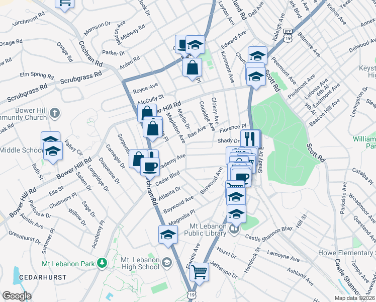 map of restaurants, bars, coffee shops, grocery stores, and more near 143 Shady Drive West in Pittsburgh