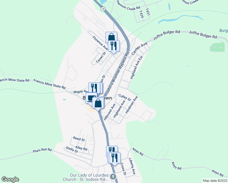 map of restaurants, bars, coffee shops, grocery stores, and more near 68 1/2 Center Avenue in Burgettstown