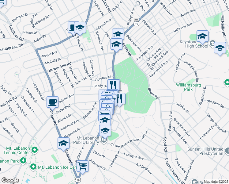 map of restaurants, bars, coffee shops, grocery stores, and more near 611 Washington Road in Mount Lebanon