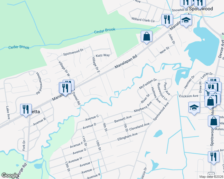 map of restaurants, bars, coffee shops, grocery stores, and more near 63 Outcalt Avenue in Spotswood