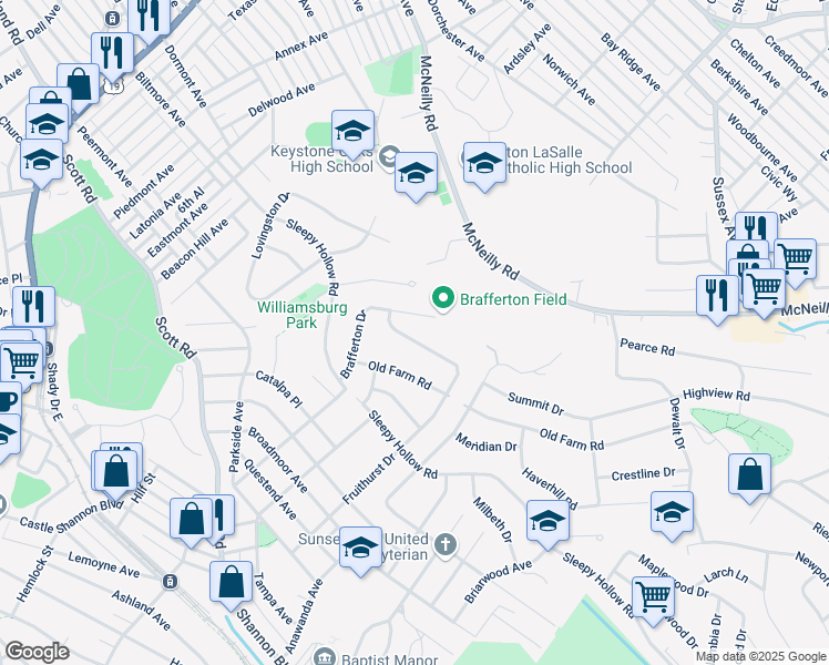 map of restaurants, bars, coffee shops, grocery stores, and more near 675 Fruithurst Drive in Pittsburgh