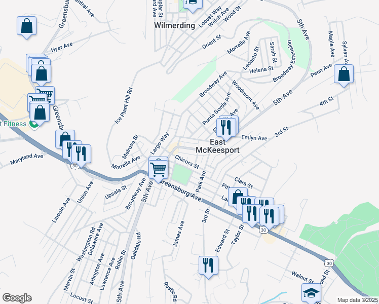 map of restaurants, bars, coffee shops, grocery stores, and more near 953 Josephine Street in East McKeesport
