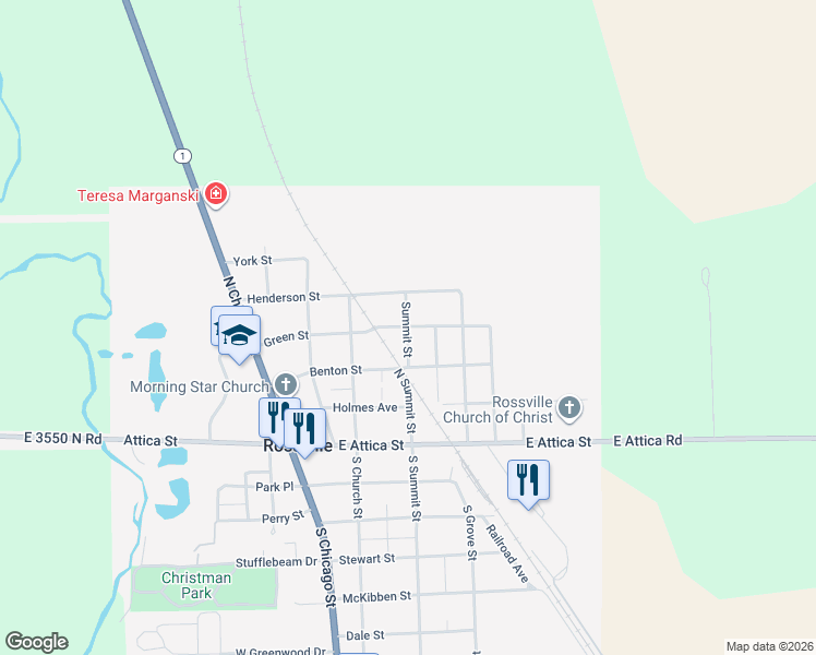 map of restaurants, bars, coffee shops, grocery stores, and more near 300 Green Street in Rossville