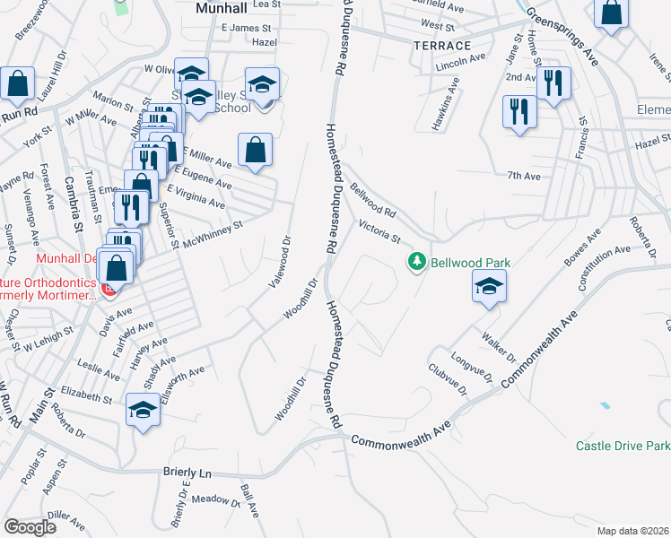 map of restaurants, bars, coffee shops, grocery stores, and more near 4229 School Street in Munhall
