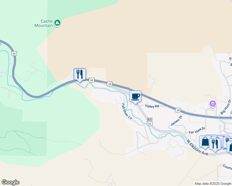 map of restaurants, bars, coffee shops, grocery stores, and more near 1150 West Elkhorn Avenue in Estes Park