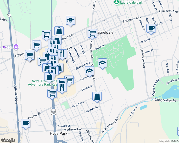 map of restaurants, bars, coffee shops, grocery stores, and more near 811 Hyde Park Avenue in Reading