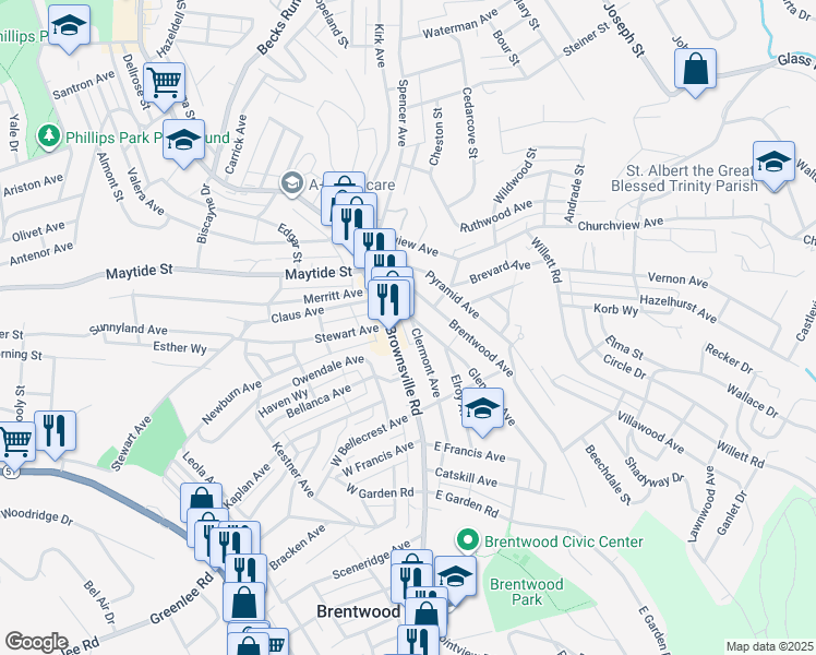 map of restaurants, bars, coffee shops, grocery stores, and more near 2845 Glendale Avenue in Pittsburgh