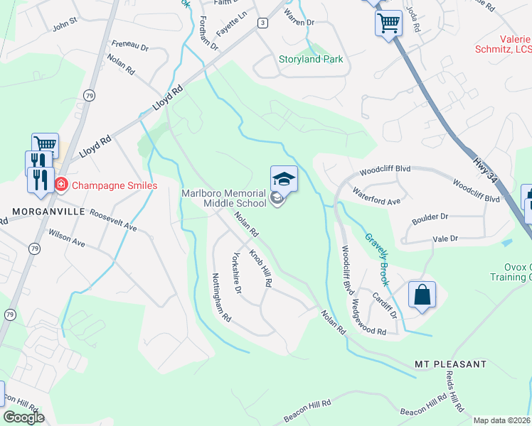 map of restaurants, bars, coffee shops, grocery stores, and more near 71 Nolan Road in Marlboro Township