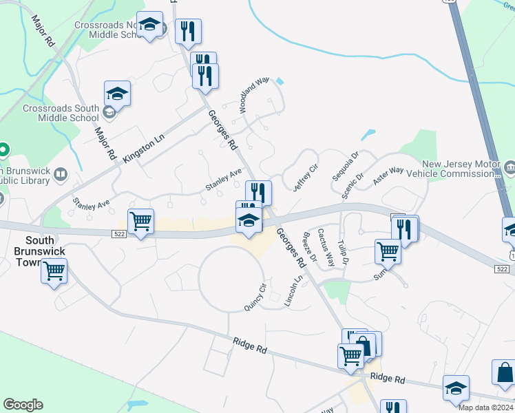 map of restaurants, bars, coffee shops, grocery stores, and more near 495 Georges Road in South Brunswick Township