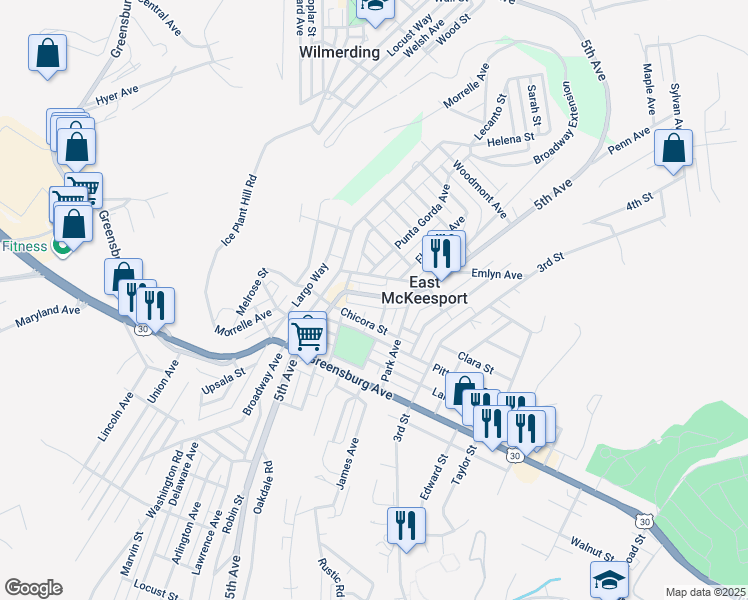 map of restaurants, bars, coffee shops, grocery stores, and more near 953 Josephine Street in East McKeesport
