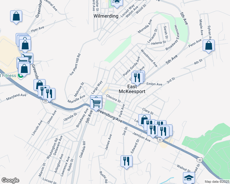 map of restaurants, bars, coffee shops, grocery stores, and more near 953 Josephine Street in East McKeesport