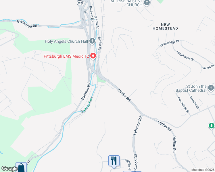 map of restaurants, bars, coffee shops, grocery stores, and more near 596 Mifflin Road in Pittsburgh