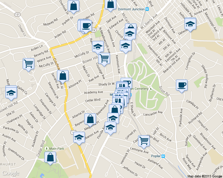 map of restaurants, bars, coffee shops, grocery stores, and more near 37 Shady Drive West in Pittsburgh