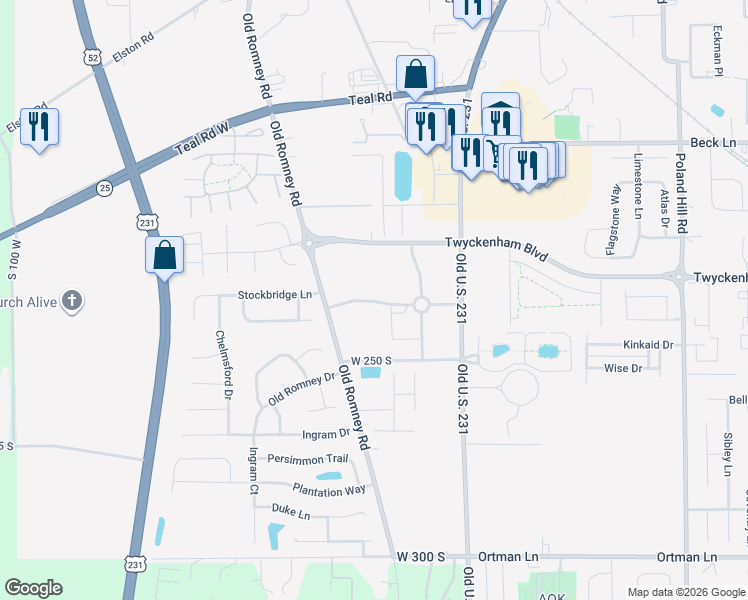 map of restaurants, bars, coffee shops, grocery stores, and more near 167 West 240 South in Lafayette