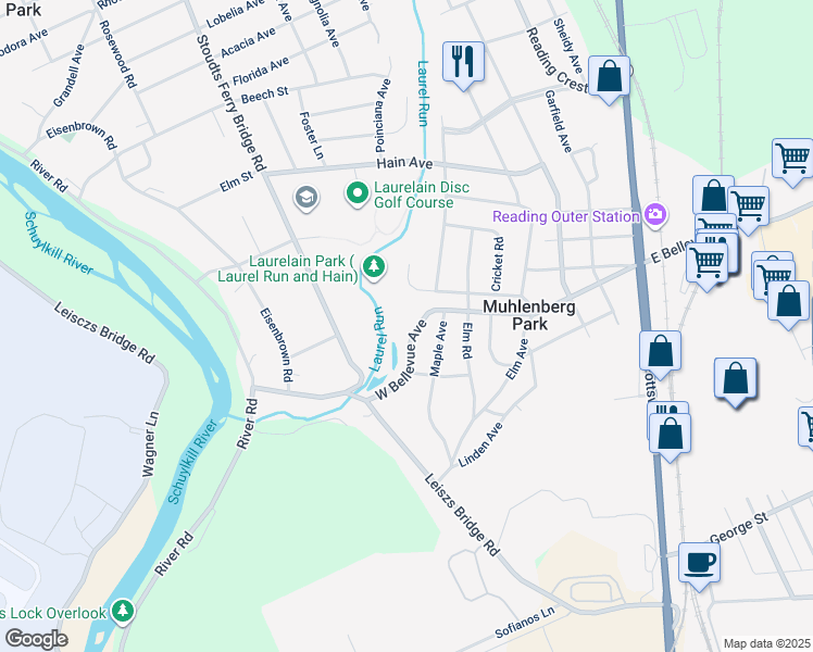 map of restaurants, bars, coffee shops, grocery stores, and more near 615 West Bellevue Avenue in Reading