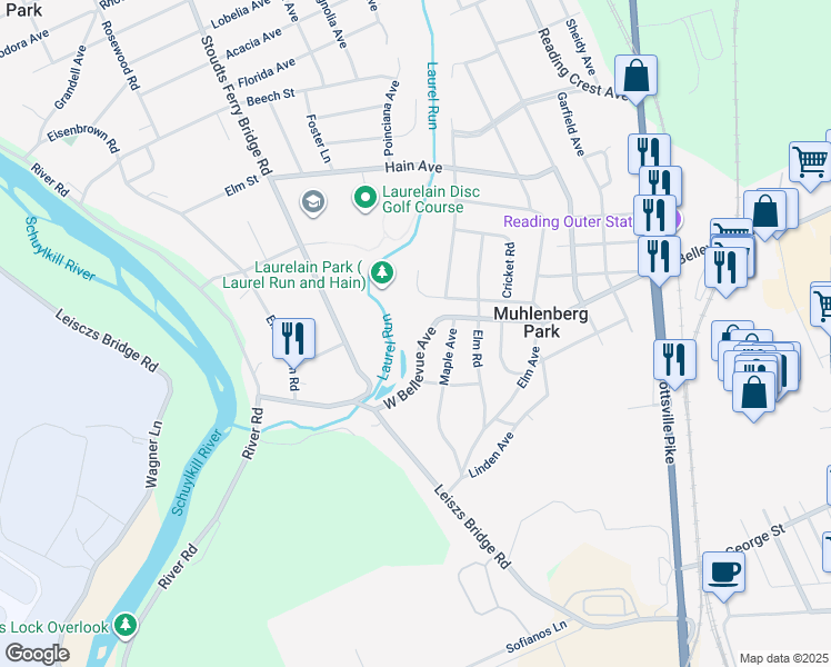 map of restaurants, bars, coffee shops, grocery stores, and more near 615 West Bellevue Avenue in Reading