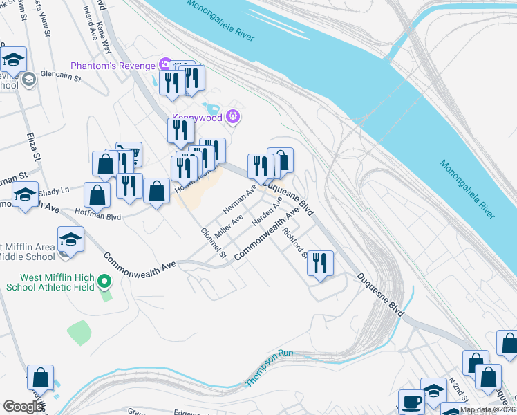 map of restaurants, bars, coffee shops, grocery stores, and more near 101 Miller Avenue in Duquesne
