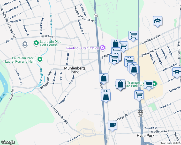map of restaurants, bars, coffee shops, grocery stores, and more near 210 Roosevelt Avenue in Reading