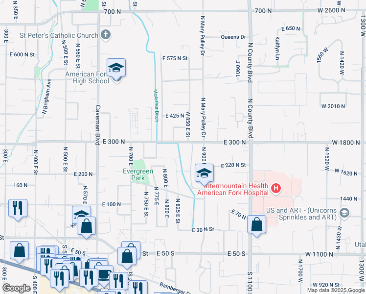 map of restaurants, bars, coffee shops, grocery stores, and more near 846 East 300 North in American Fork