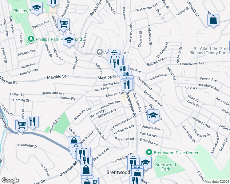 map of restaurants, bars, coffee shops, grocery stores, and more near 34 Stewart Avenue in Pittsburgh