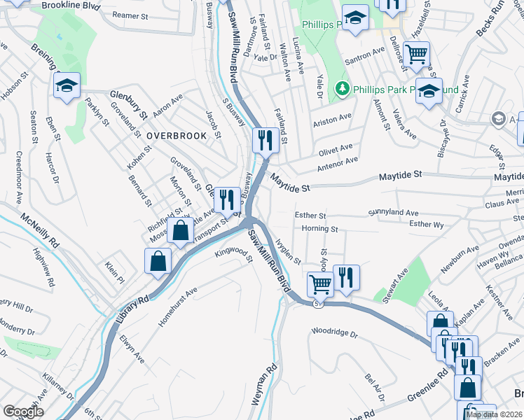 map of restaurants, bars, coffee shops, grocery stores, and more near 2485 Underwood Street in Pittsburgh