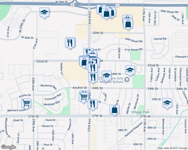 map of restaurants, bars, coffee shops, grocery stores, and more near 3300 23rd Avenue in Evans
