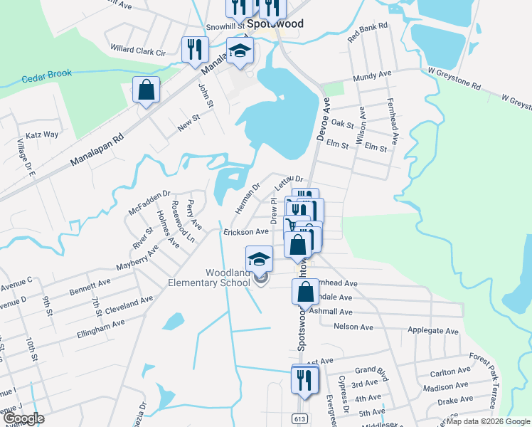 map of restaurants, bars, coffee shops, grocery stores, and more near 52 Walker Avenue in Spotswood
