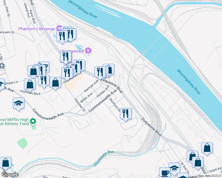 map of restaurants, bars, coffee shops, grocery stores, and more near 908 Liberty Street in Duquesne