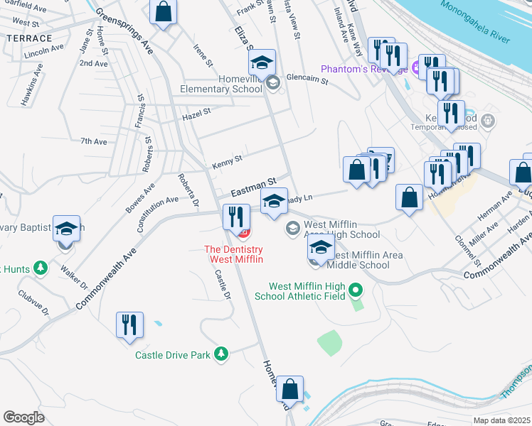 map of restaurants, bars, coffee shops, grocery stores, and more near 91 Commonwealth Avenue in West Mifflin
