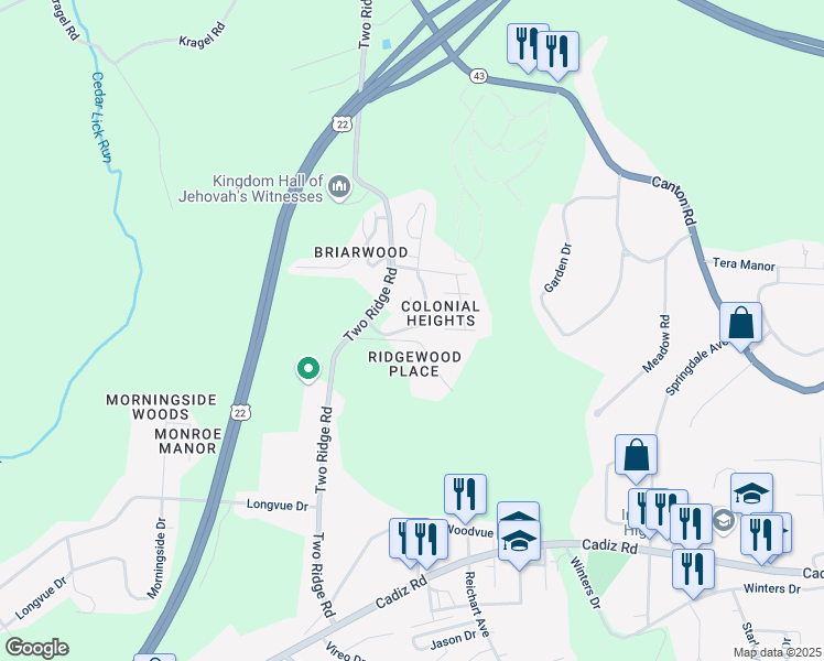 map of restaurants, bars, coffee shops, grocery stores, and more near 86 South Byron Drive in Wintersville