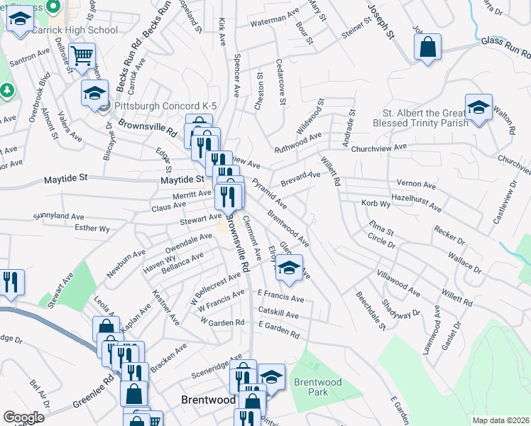 map of restaurants, bars, coffee shops, grocery stores, and more near 2927 Brentwood Avenue in Pittsburgh