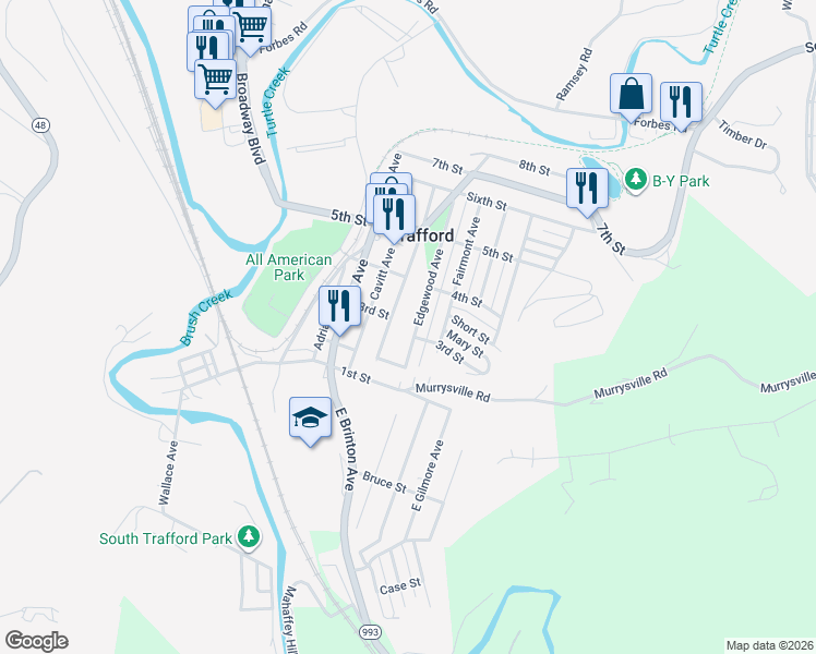 map of restaurants, bars, coffee shops, grocery stores, and more near 227 Edgewood Avenue in Trafford