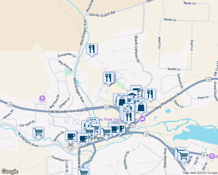 map of restaurants, bars, coffee shops, grocery stores, and more near 333 East Wonderview Avenue in Estes Park