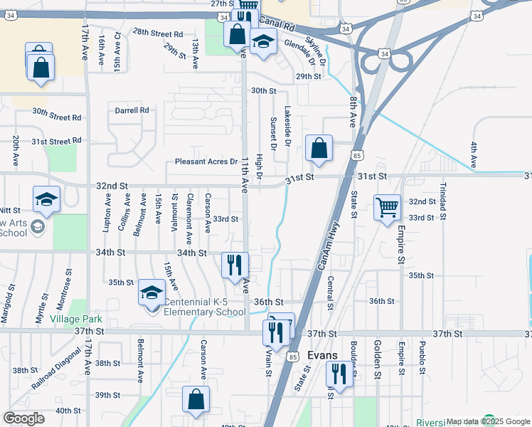 map of restaurants, bars, coffee shops, grocery stores, and more near 3202 11th Avenue in Evans