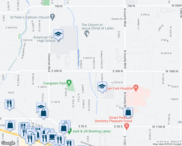 map of restaurants, bars, coffee shops, grocery stores, and more near 846 East 300 North in American Fork