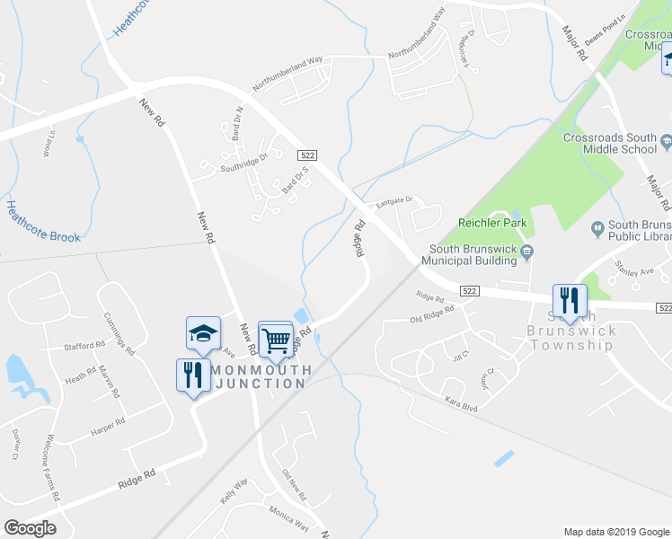 map of restaurants, bars, coffee shops, grocery stores, and more near 586 Ridge Road in South Brunswick Township
