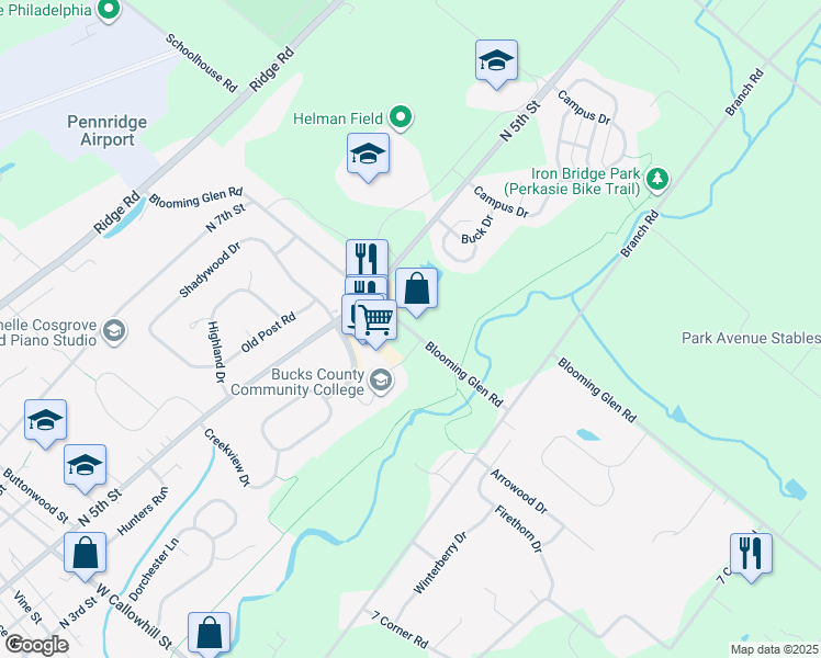 map of restaurants, bars, coffee shops, grocery stores, and more near 405 Blooming Glen Road in Perkasie