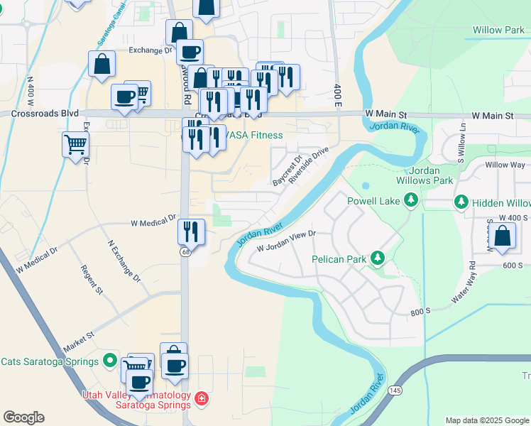 map of restaurants, bars, coffee shops, grocery stores, and more near North Riverside Drive in Saratoga Springs