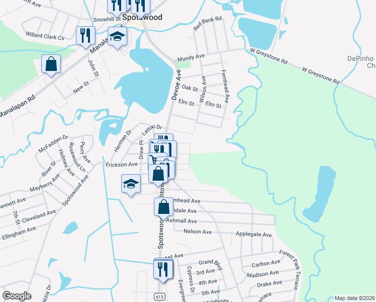 map of restaurants, bars, coffee shops, grocery stores, and more near 37 Elmer Avenue in Spotswood