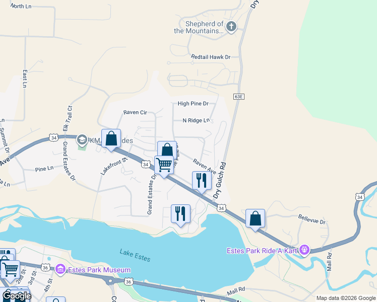 map of restaurants, bars, coffee shops, grocery stores, and more near 1725 Raven Avenue in Estes Park
