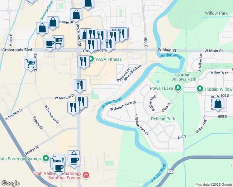 map of restaurants, bars, coffee shops, grocery stores, and more near 242 Warbler Court in Saratoga Springs
