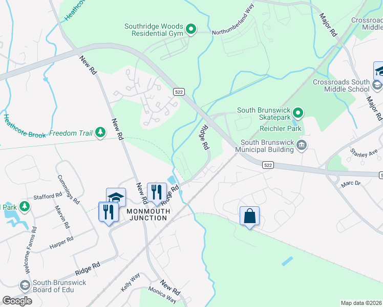 map of restaurants, bars, coffee shops, grocery stores, and more near 586 Ridge Road in South Brunswick Township