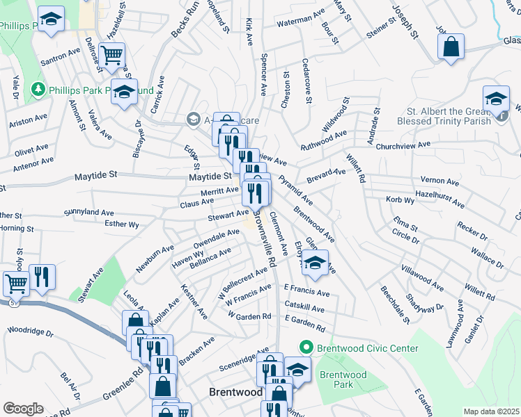 map of restaurants, bars, coffee shops, grocery stores, and more near in Brentwood