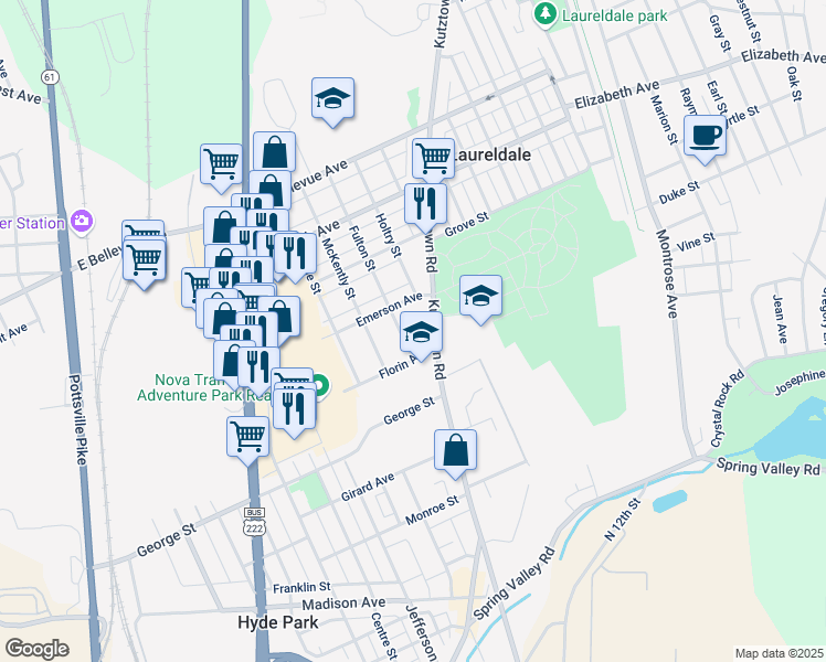 map of restaurants, bars, coffee shops, grocery stores, and more near 811 Hyde Park Avenue in Reading