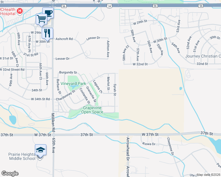 map of restaurants, bars, coffee shops, grocery stores, and more near 3338 Merlot Street in Greeley