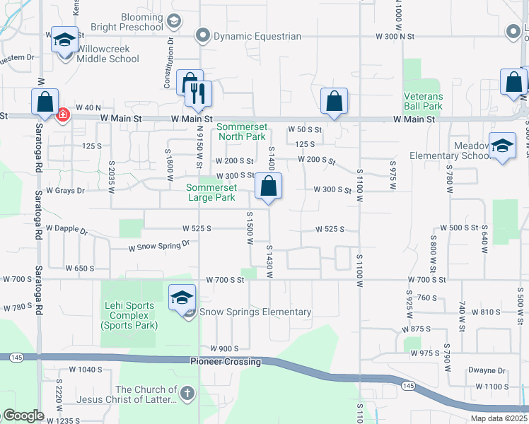 map of restaurants, bars, coffee shops, grocery stores, and more near 1447 West 400 South Street in Lehi