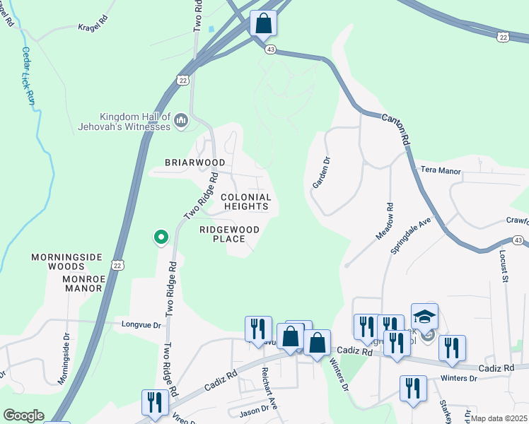 map of restaurants, bars, coffee shops, grocery stores, and more near 117 Brandywine Circle in Steubenville