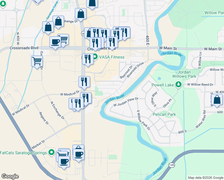 map of restaurants, bars, coffee shops, grocery stores, and more near 173 East River Bend Street in Saratoga Springs