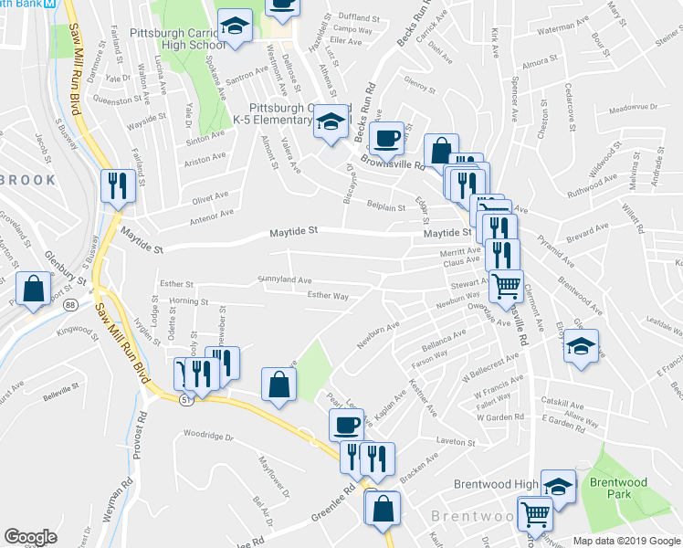 map of restaurants, bars, coffee shops, grocery stores, and more near 232 Sunnyland Avenue in Pittsburgh
