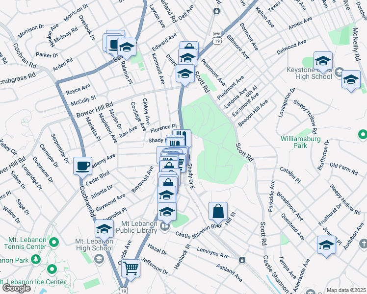 map of restaurants, bars, coffee shops, grocery stores, and more near 606 Shady Drive East in Pittsburgh